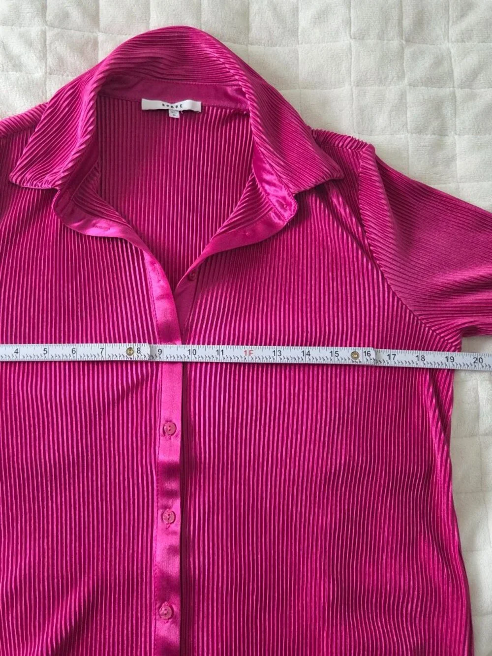 Magenta Pleated Plisse Blouse Medium Pink Satin Collared Button Down Luxury Boho - Picture 9 of 11